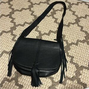 Women’s Stylish Black Faux Leather Crossbody Bag with Tassel Detail Purse